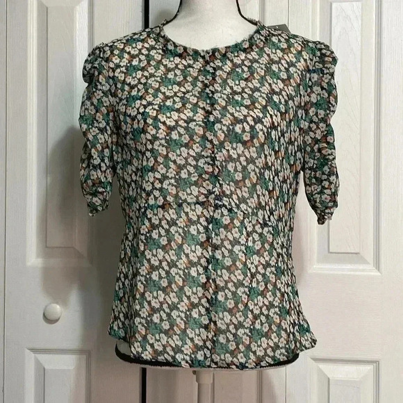 NWT Urban Outfitters sheer navy & green floral peplum top shirt blouse. - Picture 1 of 16